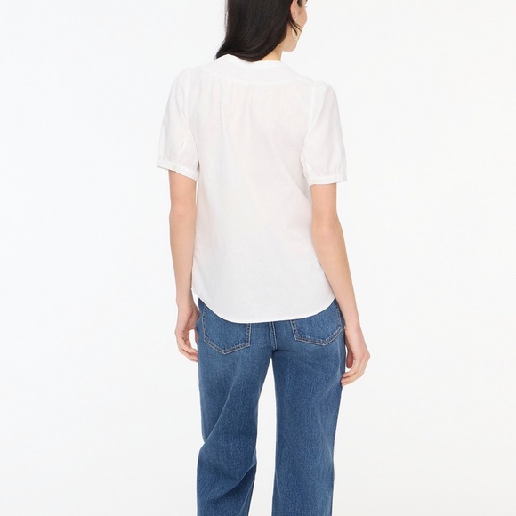 New JCREW Size L Linen Blend Short Sleeve Smock Neck Top in White $79 CI318 - Picture 4 of 5